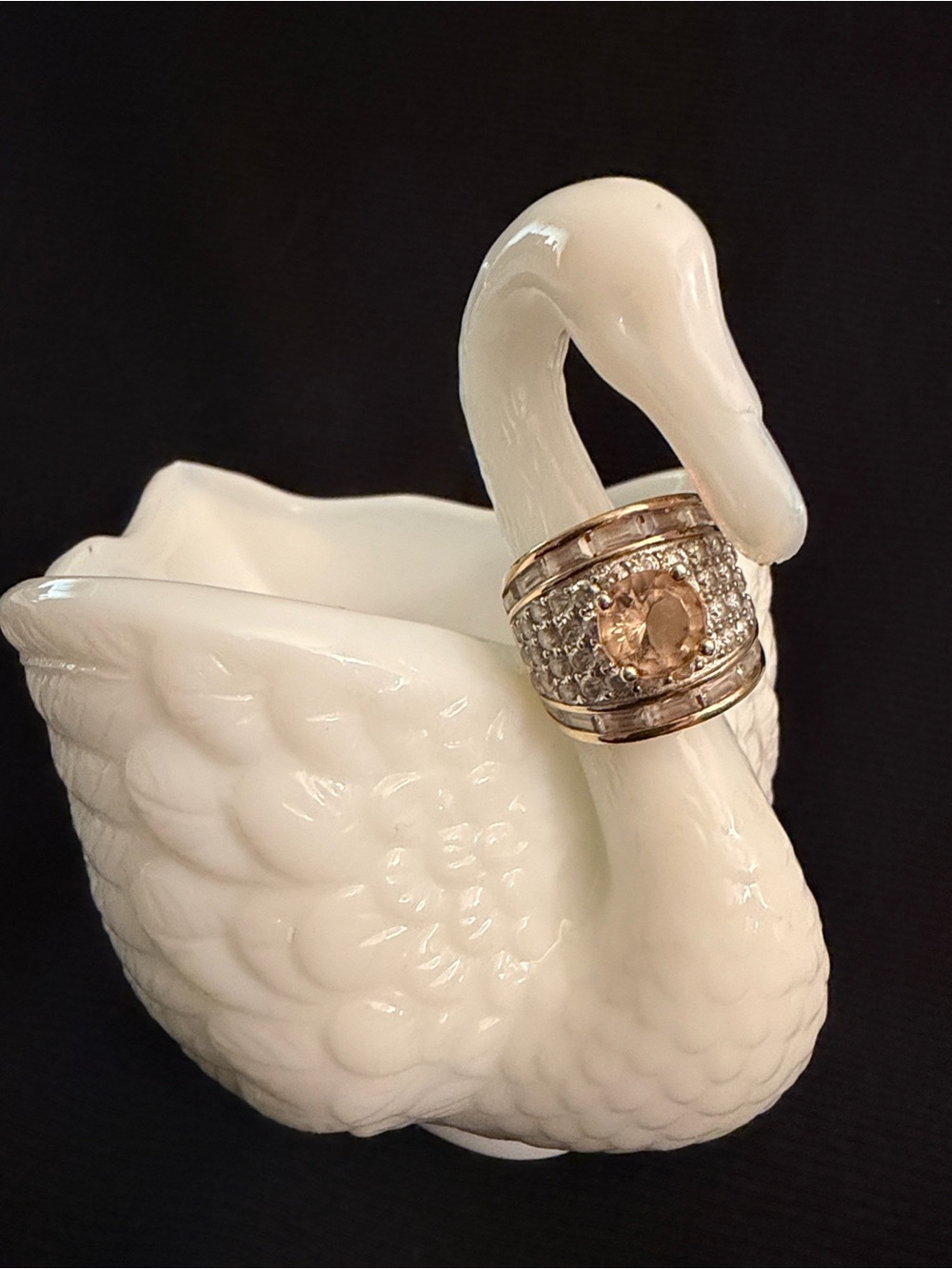MORGANITE Cocktail Ring on White Swan Display,